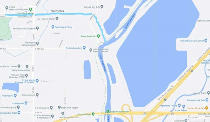 Niver Creek标记在蓝色Thornton Google地图