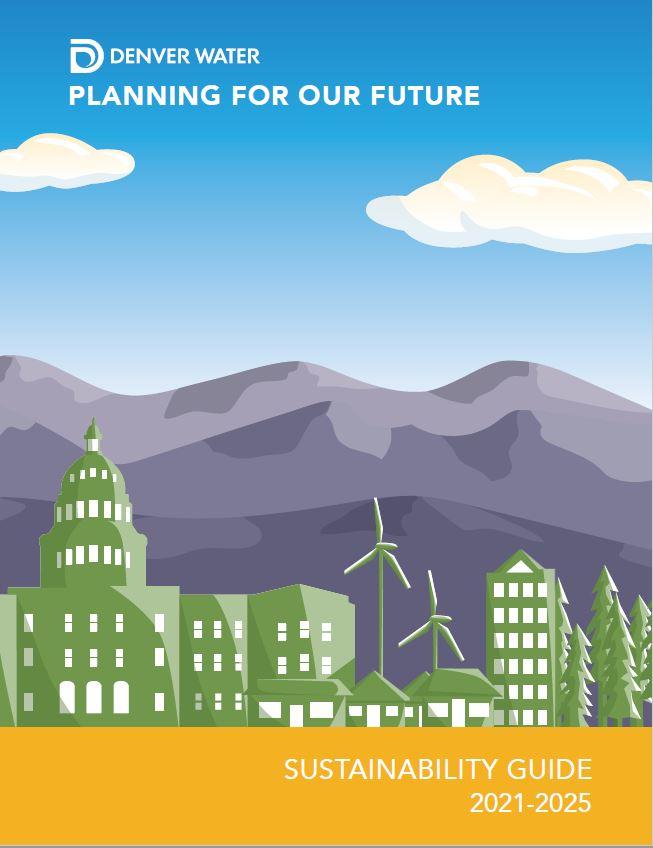 丹佛水可持续性指南的封面2021-25显示山脉，天空和市中心。
