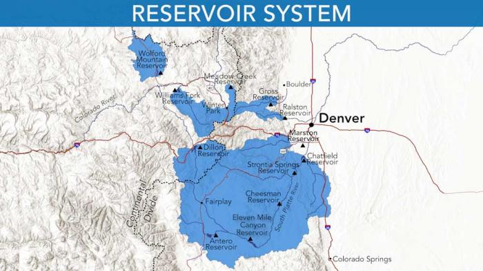 这张地图显示了丹佛水务公司从哪里取水，以及该公司储存水的水库。