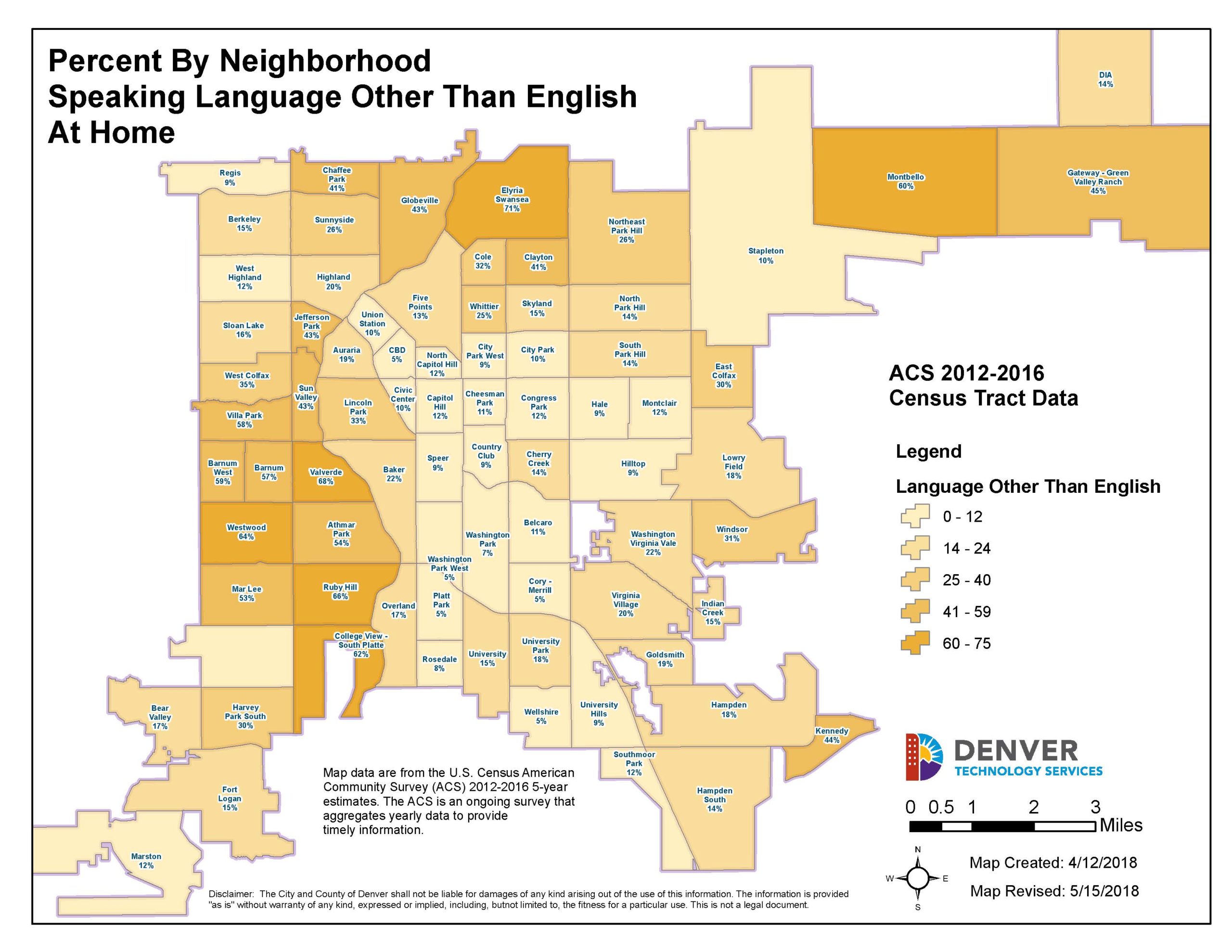 丹佛市和县打破了语言地图。这张地图显示了英语以外的房屋。图像信贷：丹佛市和县。