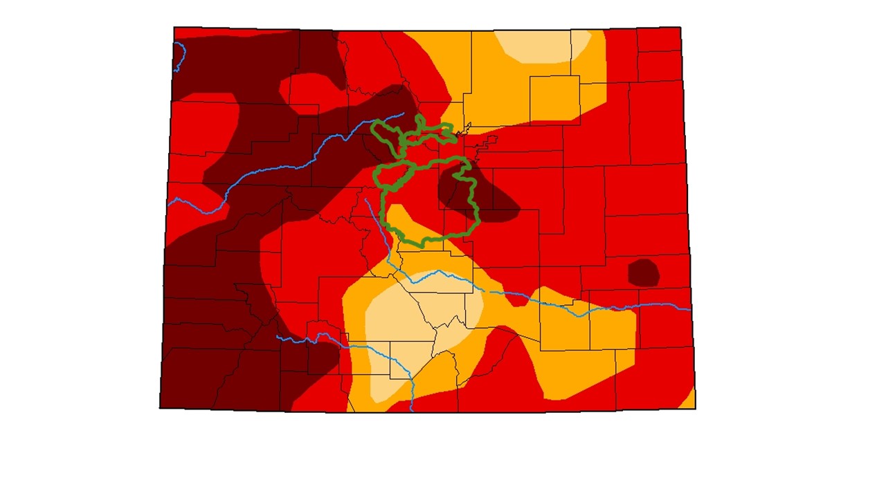 1月中旬的美国干旱监测地图，丹佛水的收集系统用绿色标出。图片来源:国家干旱缓解中心。