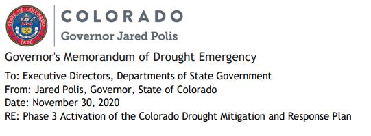 州长贾里德·波利斯（Jared Polis）于2020年11月30日发布的关于干旱的公告截图。